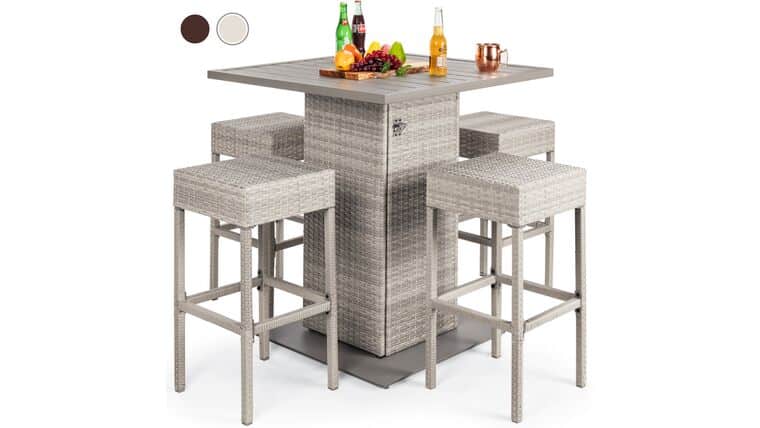 Package | Outdoor Table – Grey 5-Piece Wicker Bar Set w/ 4 Stools, Built-In Bottle Opener, Hidden Storage | Rental