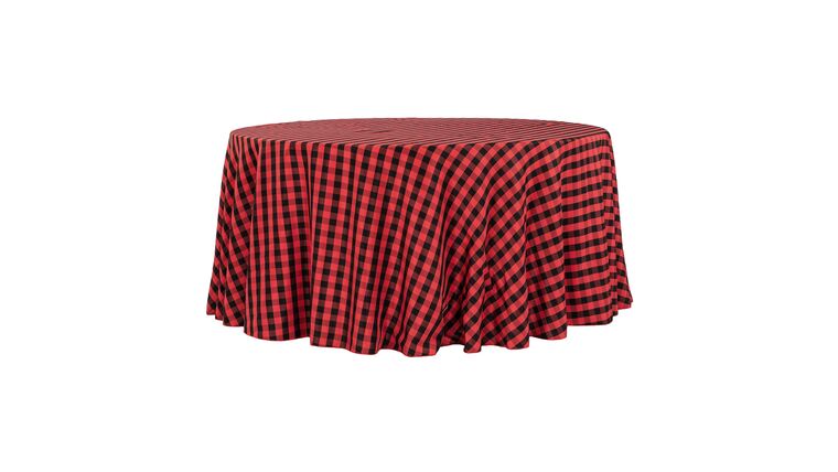 Polyester | Black & Red Check | 120″ Round Buffalo Plaid Tablecloth | Rental