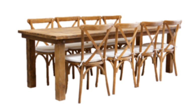 Package – 1 (8′) Honey Brown Round Farm Table With 8 Cross-Back Chairs Package | Rental
