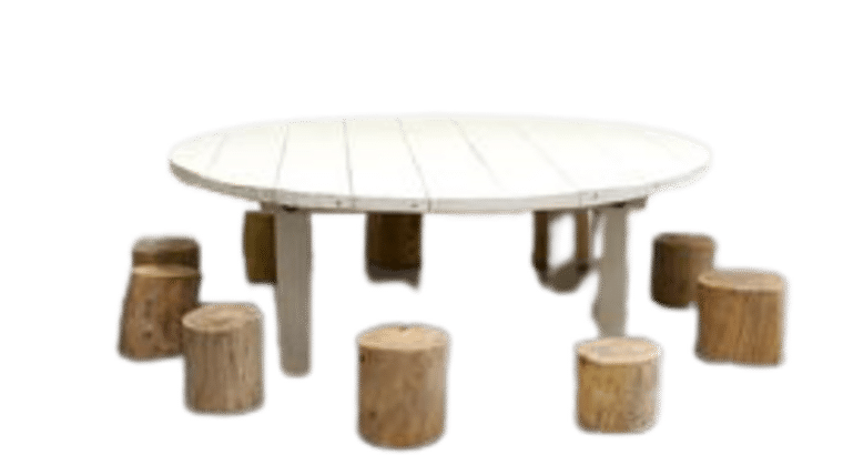 Package - Kids Round Vintage White Farm Table Package With 10 Tree Stumps | Rental