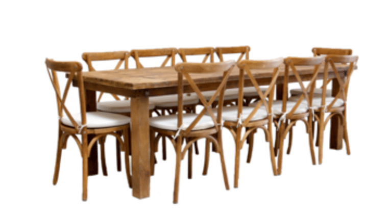 Package – 1 (8′) Honey Brown Farm Table With 10 Cross-Back Chairs Package | Rental