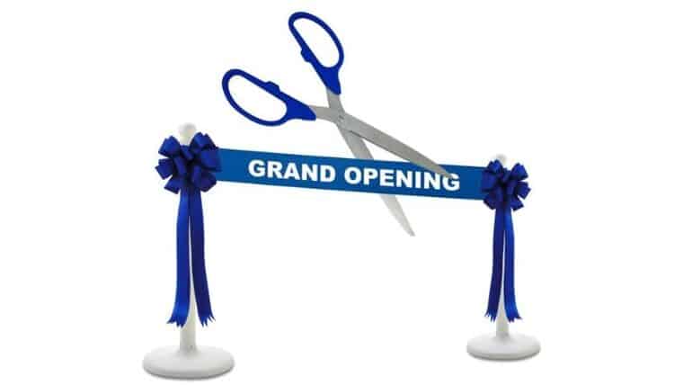 25″ Deluxe Grand Opening Kit – Blue/Blue Ceremonial Ribbon Cutting Scissors with 5 Yards of 6″ Red Grand Opening Ribbon, 2 Red Bows and 2 White Plastic Stanchions | Rental 25″ Deluxe Grand Opening Kit – Blue/Blue Ceremonial Ribbon Cutting Scissors with 5 Yards of 6″ Red Grand Opening Ribbon, 2 Red Bows and 2 White Plastic Stanchions | Rental