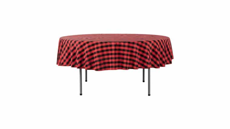 Polyester | Black & Red Check 90″ Round Buffalo Plaid Tablecloth | Rental