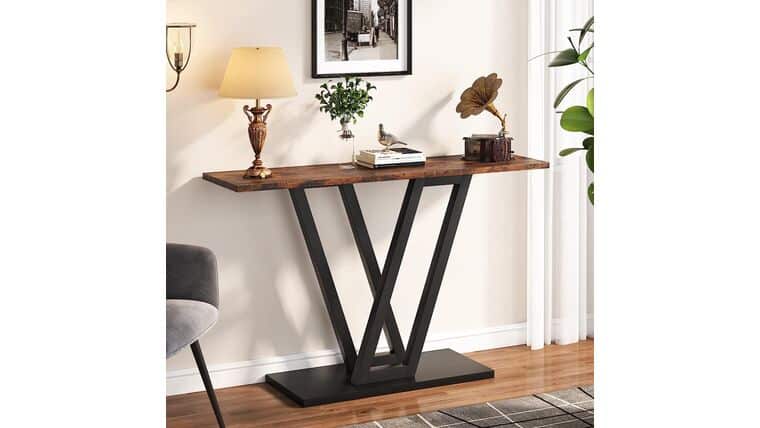 Console Table - Gold Console Table, Modern Hallway Table for Entryway, 43 Inch Entryway Tables Narrow Sofa Table for Living Room, Stable Metal Frame & Easy Assemble, Rustic Brown | Rental