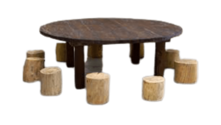 Package - Kids Round Mahogany Farm Table Package With 10 Tree Stumps | Rental