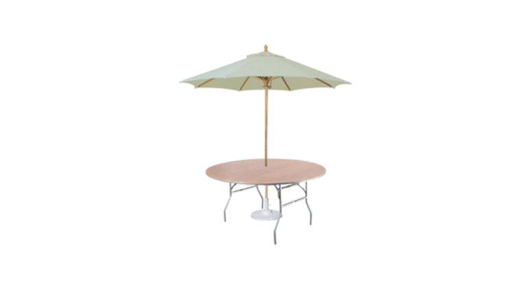 Banquet Table | Wood | Round | 66″ w/Umbrella Hole | Rental