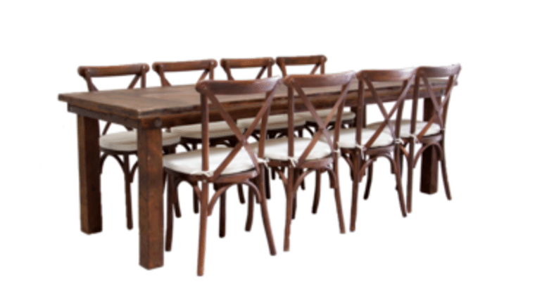 Package – 1 (8′) Mahogany Farm Table With 8 Cross-Back Chairs Package | Rental