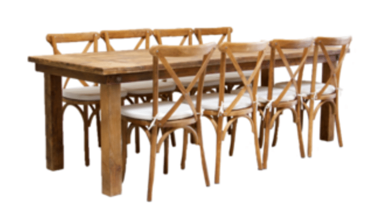 Package – 1 (8′) Honey Brown Farm Table With 8 Cross-Back Chairs Package | Rental