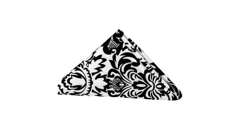 Polyester | 20″x20″ Damask Flocking Napkin – Black & White | Rental Polyester | 20″x20″ Damask Flocking Napkin – Black & White | Rental