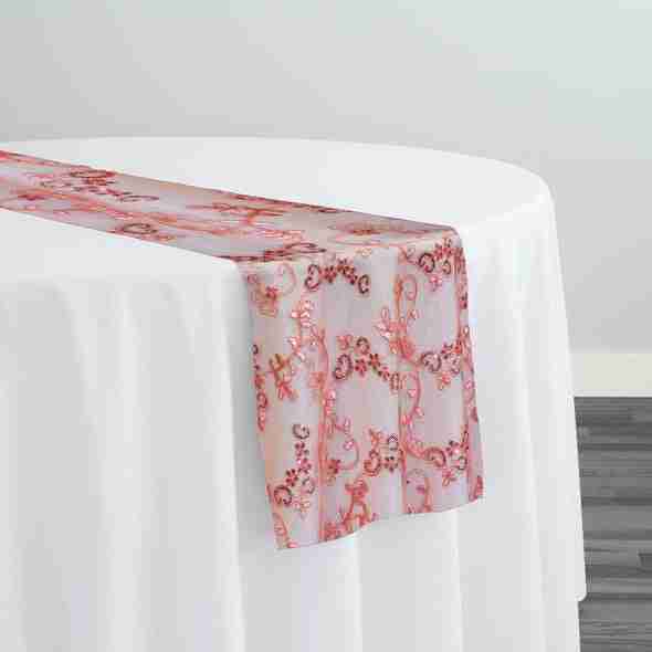 Basil Leaf Embroidery Table Runner in Coral | Rental