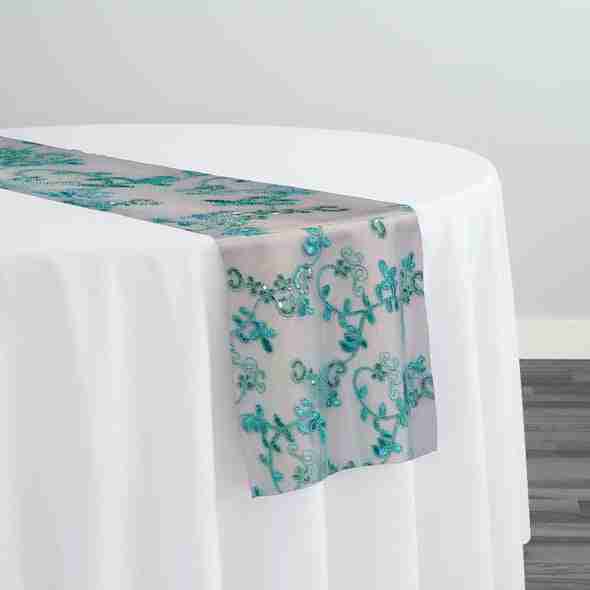 Basil Leaf Embroidery Table Runner in Teal Green | Rental