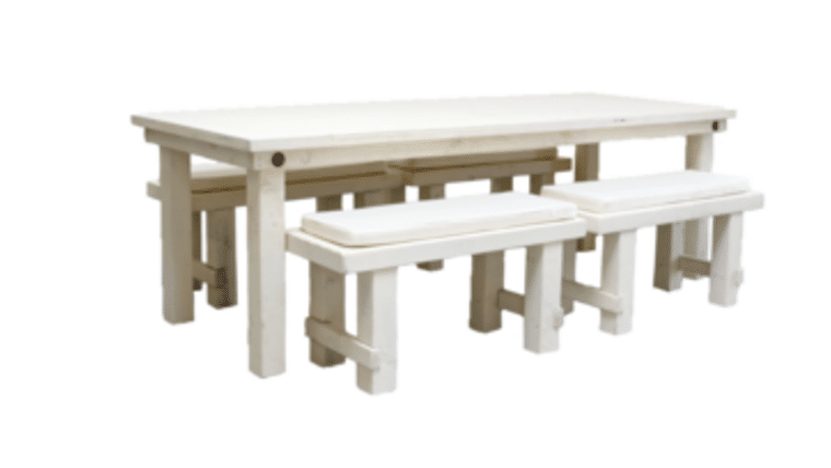 Package – 1 Vintage White Farm Table With 4 Short Benches Package | Rental