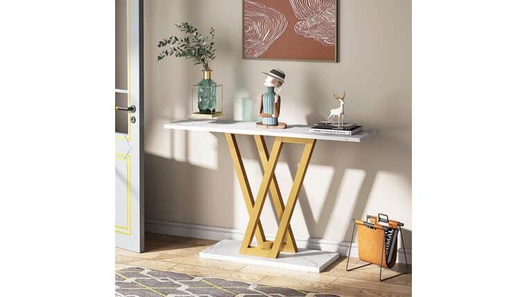 Console Table - Gold Console Table, Modern Hallway Table for Entryway, 43 Inch Entryway Tables Narrow Sofa Table for Living Room, Stable Metal Frame & Easy Assemble, Faux Marble White | Rental