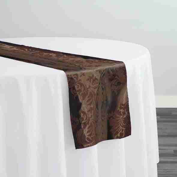 Damask Flocking Taffeta Table Runner in Brown on Brown | Rental