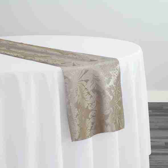 Damask Poly Table Runner in Taupe 1189 | Rental