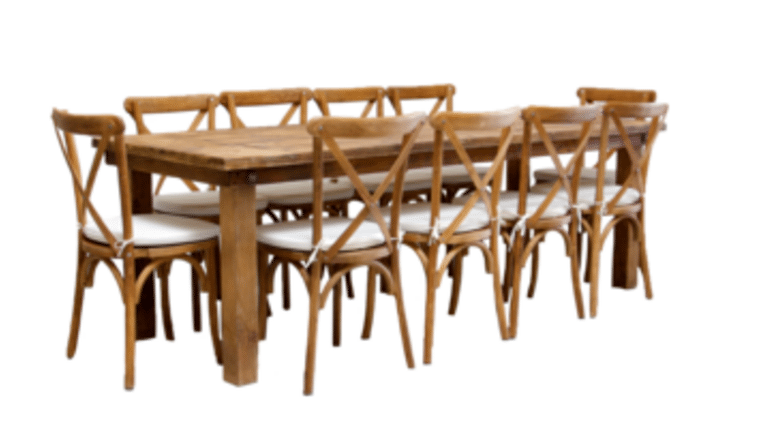 Package – 1 Honey Brown Farm Table With 10 Cross-Back Chairs Package | Rental
