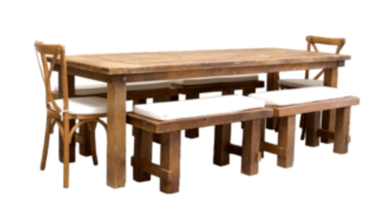 Package – 1 Honey Brown Farm Table With 4 Short Benches And 2 Cross-Back Chairs Package | Rental