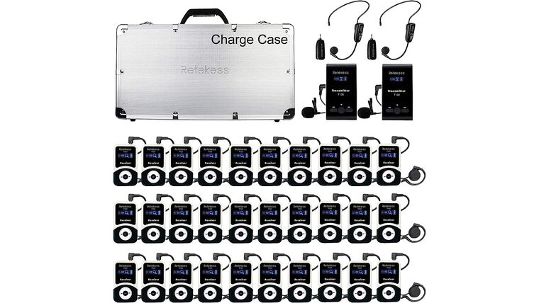 Case of 2 Transmitter 30 Receiver 1 Charging Case, Retekess T130 Tour Guide Audio System with 2 TT123 Wireless Microphone, Church Translation Equipment for Factory, School, Training | Rental