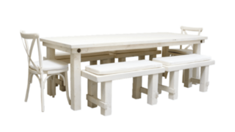 Package – 1 Vintage White Farm Table With 4 Short Benches And 2 Cross Back Chairs Package | Rental Package – 1 Vintage White Farm Table With 4 Short Benches And 2 Cross Back Chairs Package | Rental