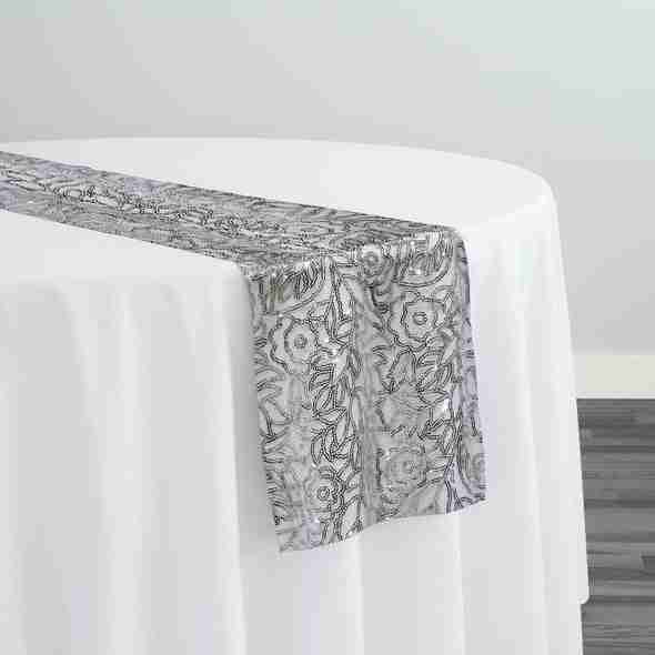 Fiori Leaf Sequins Table Runner in Silver | Rental