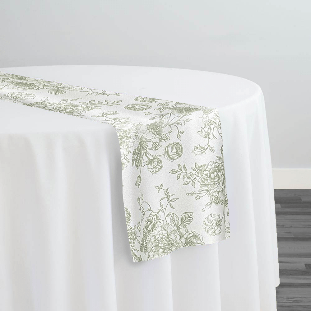 French Toile (Poly Print) Table Runner in Sage | Rental