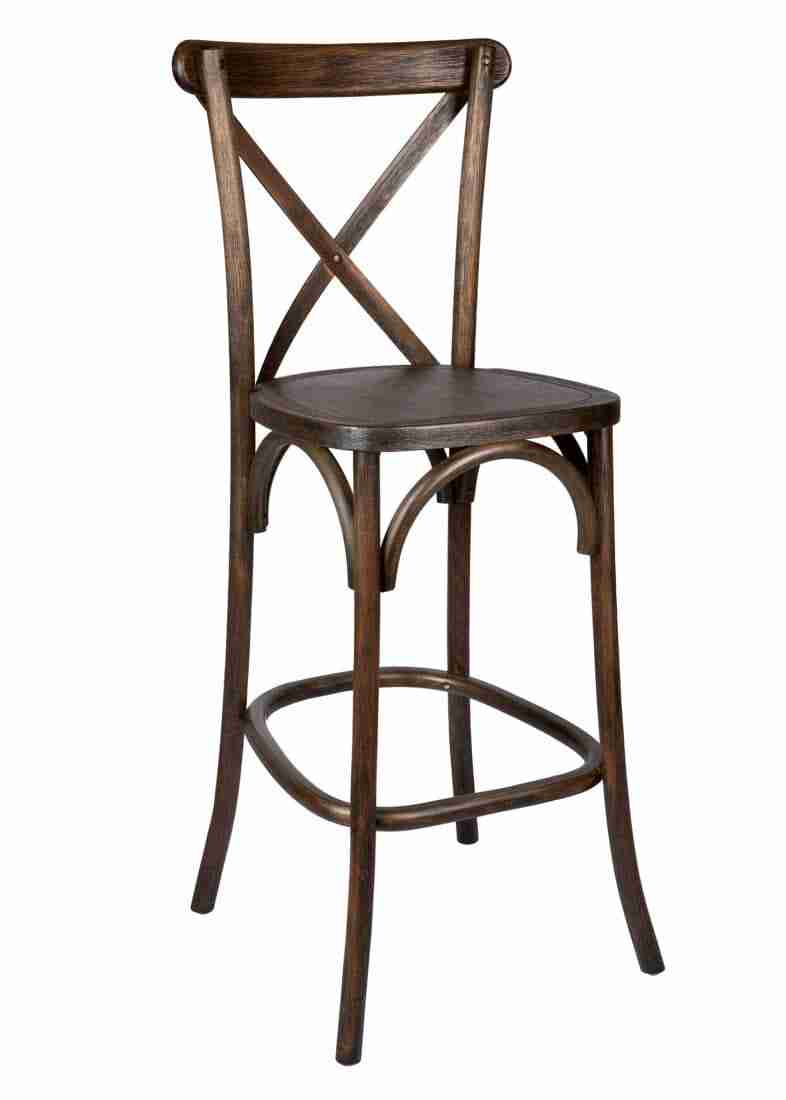 Fruitwood Wood Cross Back Barstool | Rental Fruitwood Wood Cross Back Barstool | Rental