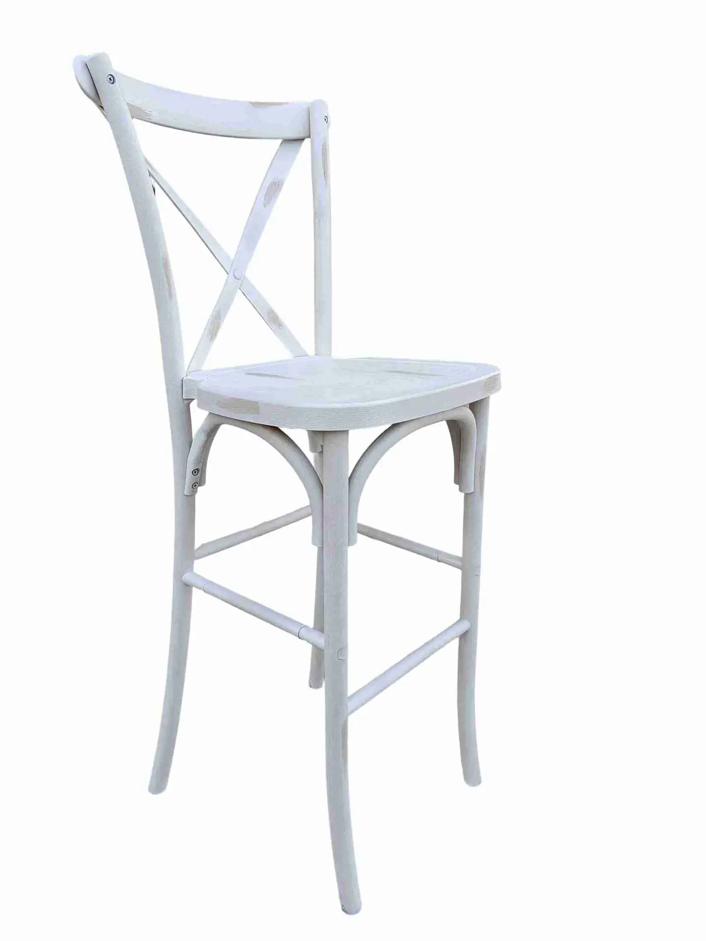 White Distressed Resin Steel Skeleton™ Cross Back Barstool (Per Unit Price Shown – Sold only in Quantities of 2) Some Assembly Required | Rental White Distressed Resin Steel Skeleton™ Cross Back Barstool (Per Unit Price Shown – Sold only in Quantities of 2) Some Assembly Required | Rental