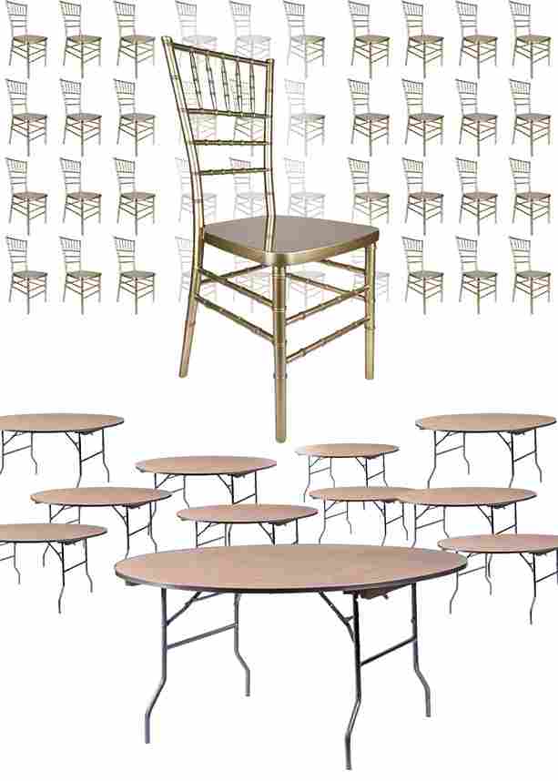 100 Person Luxury Event Package: 100 Sparkling Gold Champagne Resin Steel Core Chiavari Chairs Plus 10 Round 72″ Heavy Duty Banquet Folding Tables & 1 Banquet Table Cart | Rental