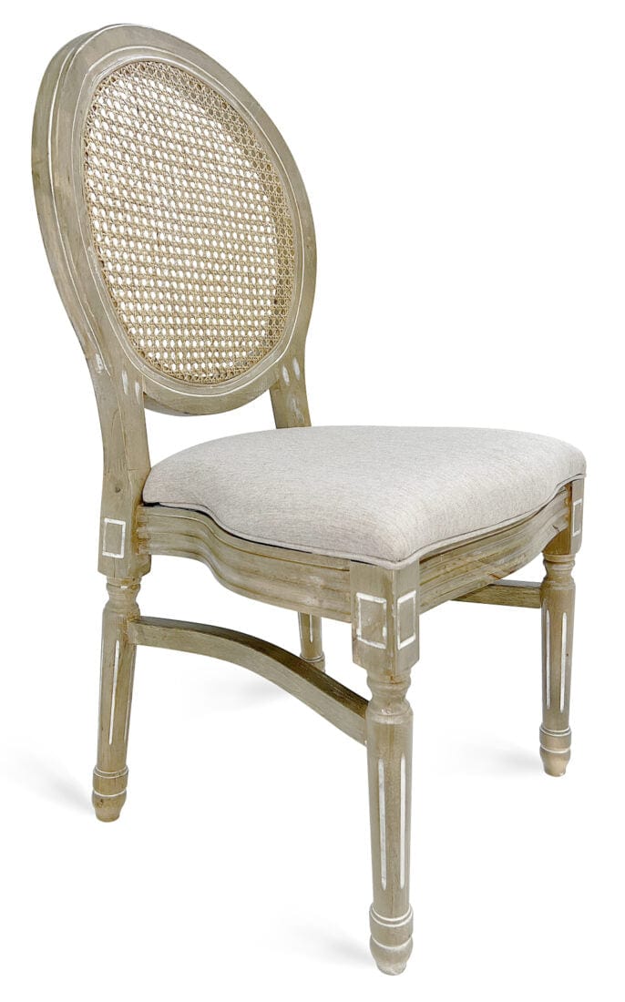 Antique Distressed Wood Louis Pop Chair Rattan Back and Beige Tweed Fabric Seat | Rental Antique Distressed Wood Louis Pop Chair Rattan Back and Beige Tweed Fabric Seat | Rental