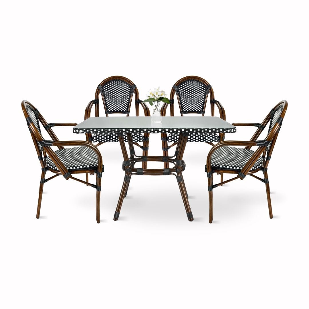 Black and White French Bistro Set Includes 48″ x 36″ Table and 4 Chairs with Arms | Rental