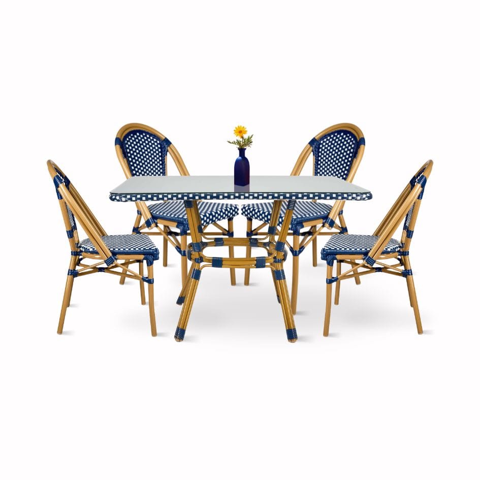Blue and White French Bistro Set Includes 48″ x 36″ Table and 4 Chairs | Rental