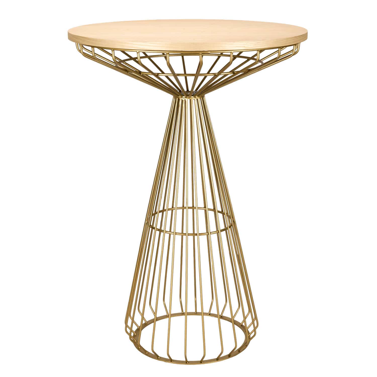 Gold Wire Cocktail Table with Natural Oak 32″ Top and Elegant Gold Steel Base | Rental