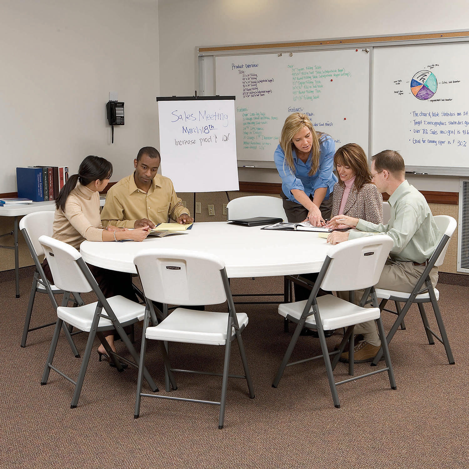 Package – (4) 72″ Round Commercial Grade Folding Tables and (40) Folding Chairs, White Granite | Rental