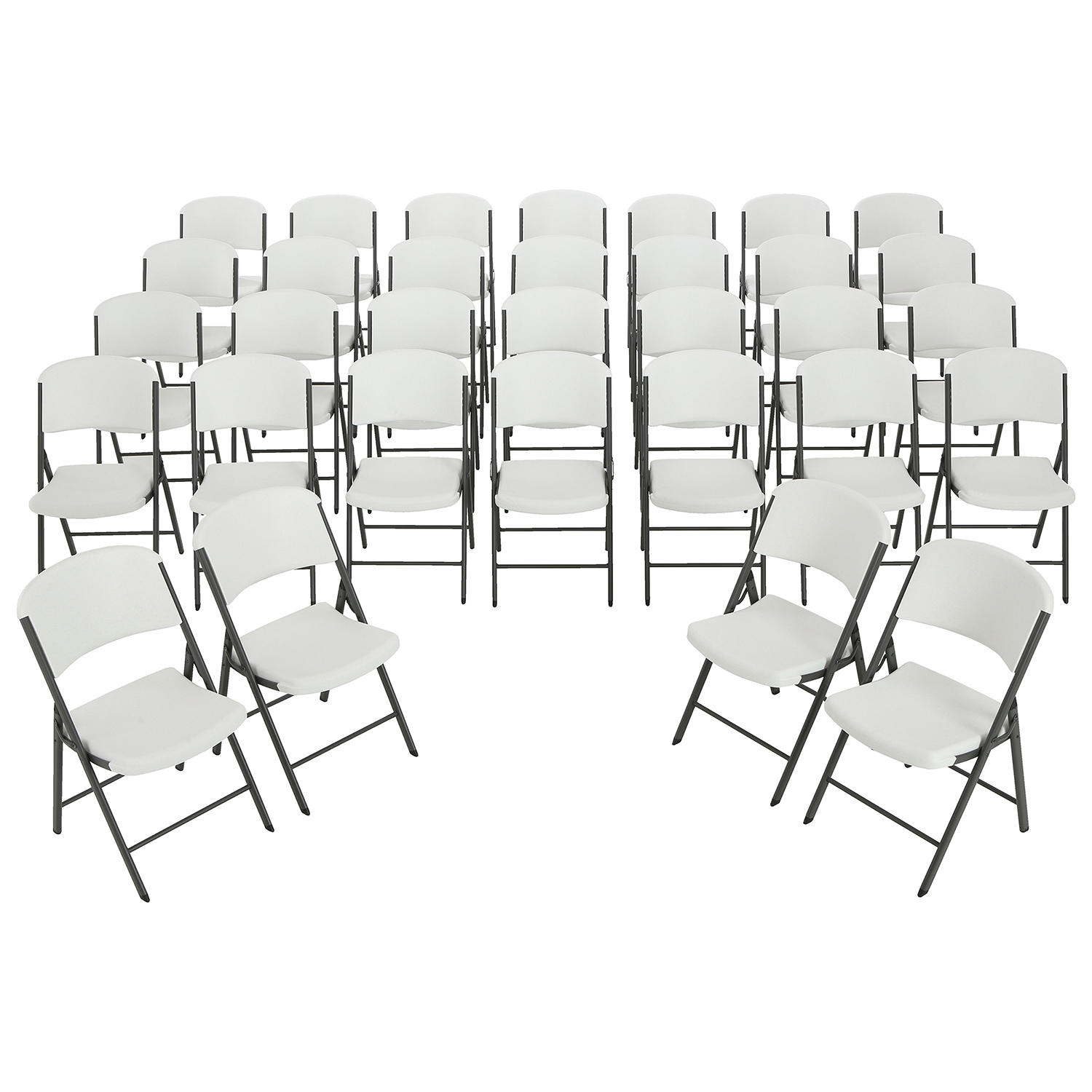 Package – (12) 60″ Round Commercial Grade Folding Tables and (96) Folding Chairs, White Granite | Rental
