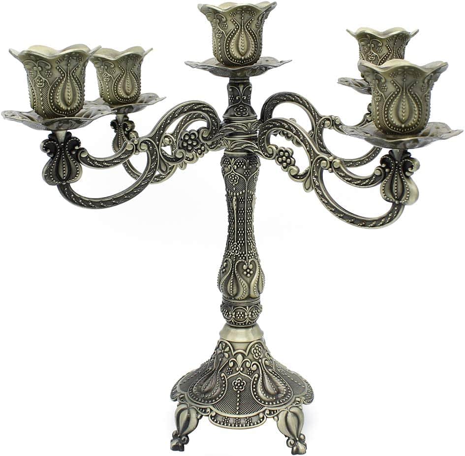 5-Candle Metal Candelabra Centerpiece Candle Stand Home Decoration for Event, Wedding, Party, Tulip Pattern-Bronze | Rental