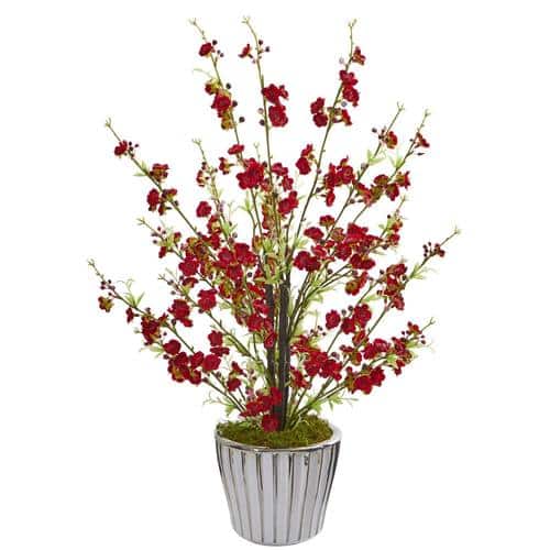 24” Cherry Blossom Artificial Arrangement in White Vase with Silver Trimming | Rental
