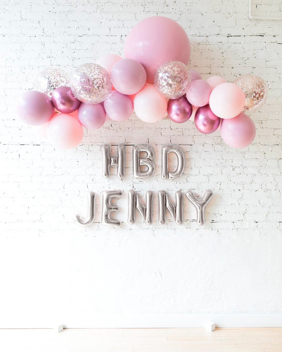 Modern Mauve – Floating Balloon Arch & Personalized Foil Letters Set | Rental