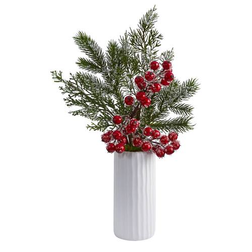 19” Iced Pine and Berries Artificial Arrangement in White Vase | Rental