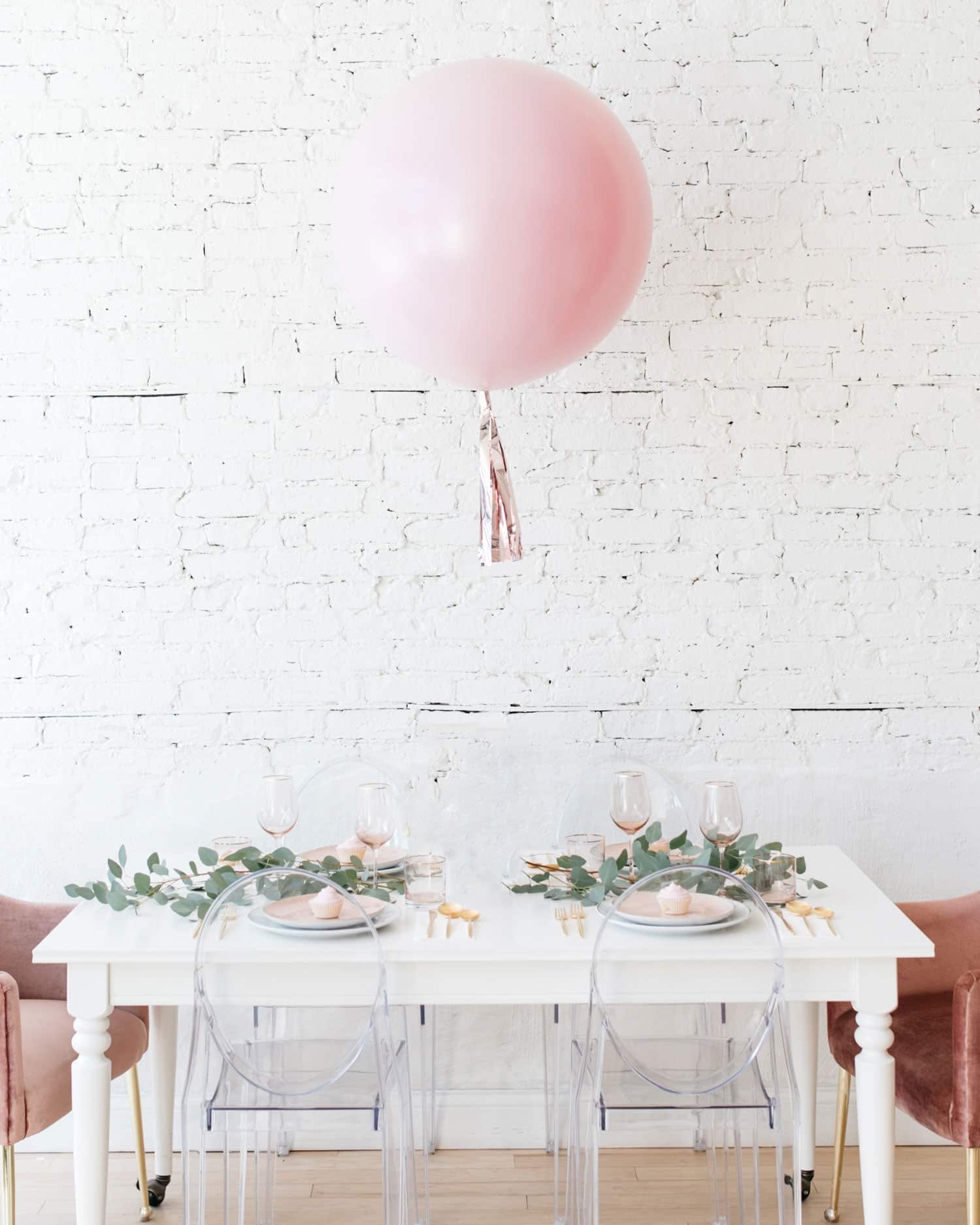 Pearl Light Rose Giant Balloon and Rose Gold Skirt Centerpiece | Rental