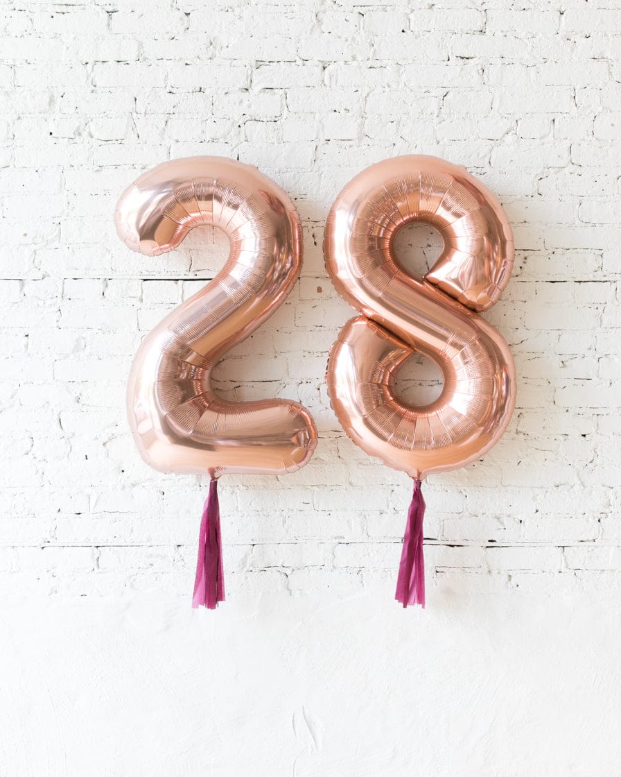 34in Rose Gold Foil Numbers with Burgundy Skirts | Rental 34in Rose Gold Foil Numbers with Burgundy Skirts | Rental