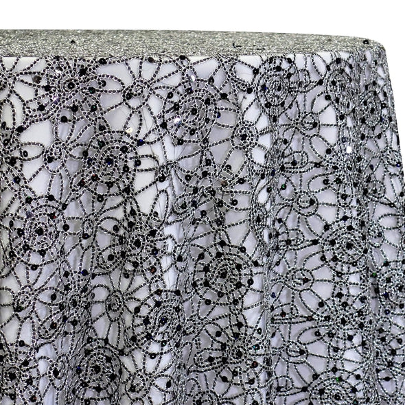 Flower Chain Lace Table Linen in Black and Silver | Rental