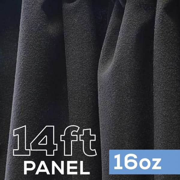 16oz. Fire Retardant Duvetyne/Commando Cloth – Sewn Drape Panel w/ 4″ Rod Pockets – 14ft in Black | Rental 16oz. Fire Retardant Duvetyne/Commando Cloth – Sewn Drape Panel w/ 4″ Rod Pockets – 14ft in Black | Rental