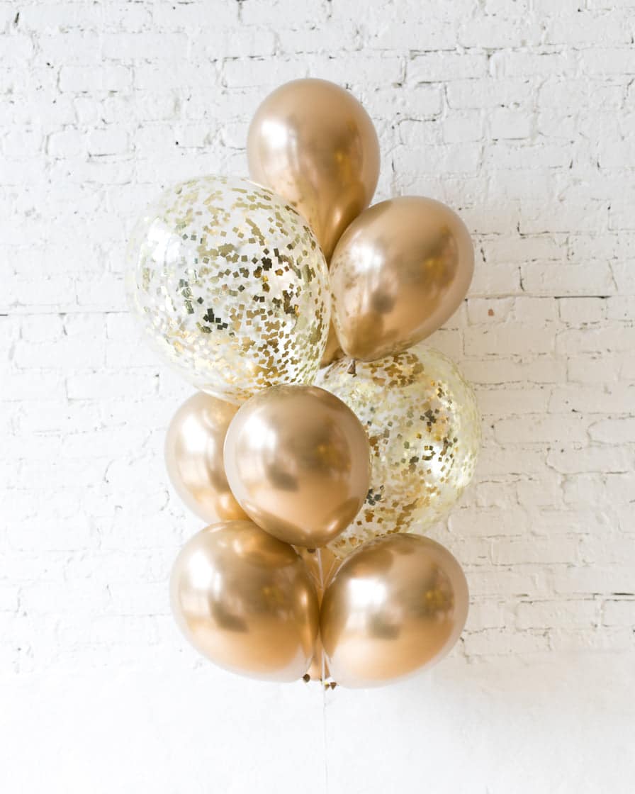 Golden – Confetti and 11in Balloons – bouquet of 10 | Rental Golden – Confetti and 11in Balloons – bouquet of 10 | Rental