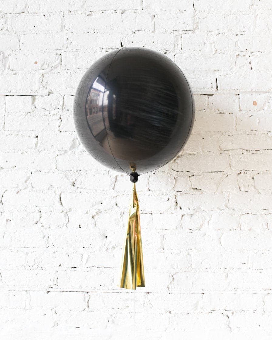 16in Black Orb Foil Balloon and Gold Skirt | Rental 16in Black Orb Foil Balloon and Gold Skirt | Rental