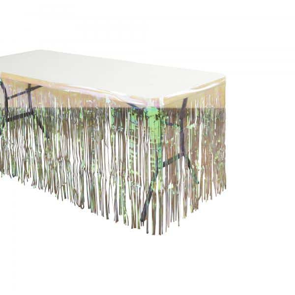 Decostar™ Metallic Foil Table Skirt 14ft – White Iridescent | Rental Decostar™ Metallic Foil Table Skirt 14ft – White Iridescent | Rental