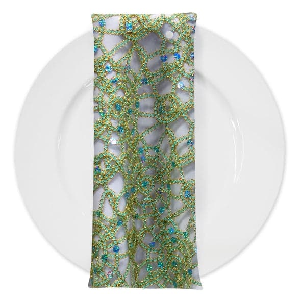 Flower Chain Lace (w/ Poly Lining) Table Napkin in Teal Green and Gold | Rental