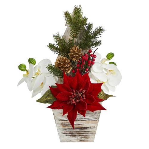 15” Poinsettia and Orchid Artificial Arrangement in Christmas Tree Vase | Rental