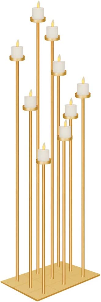 9 Gold Candle Holders Candelabra Floor 42 inch Tall Centerpiece for Wedding Decor Using Tealight Set Large with Iron | Rental