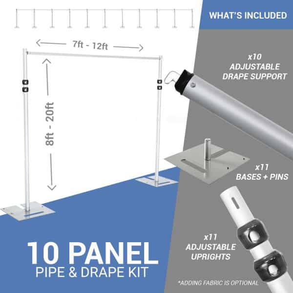 DELUXE-10 Panel Pipe and Drape Kit / Backdrop – 8-20 Feet Tall (Adjustable) Comes W/ 3 Piece Uprights for Maximum Height Adjustment | Rental