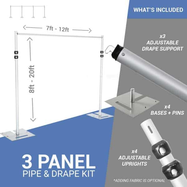 DELUXE-3 Panel Pipe and Drape Kit / Backdrop – 8-20 Feet Tall (Adjustable) Comes W/ 3 Piece Uprights for Maximum Height Adjustment | Rental
